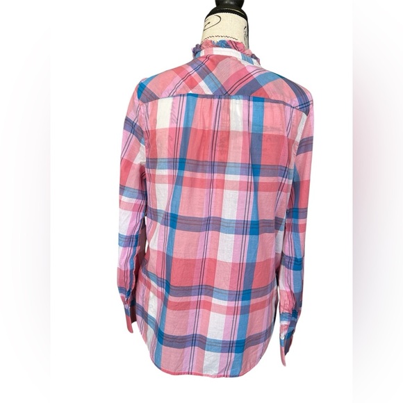 Talbots women’s blouse in pink and blue plaid with ruffle neckline size small - Picture 2 of 8